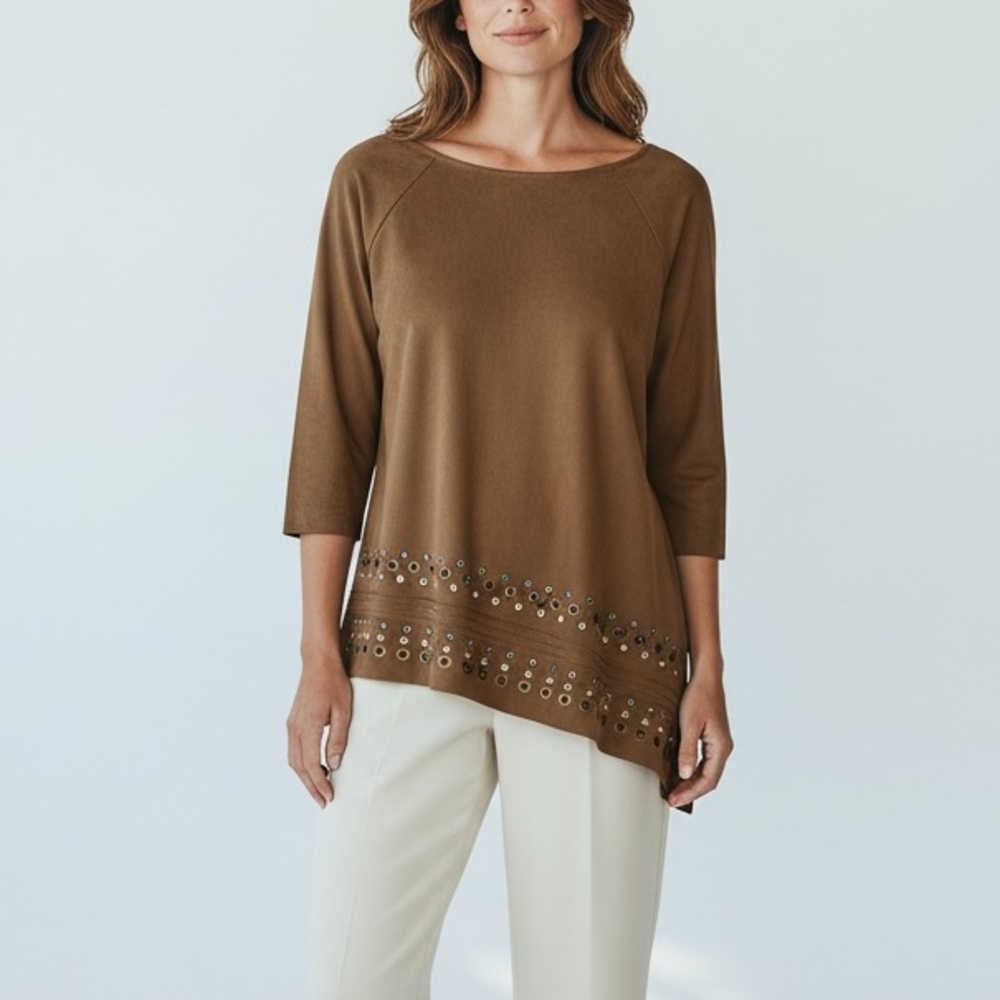 Tru Luxe Jeans Brown Faux Suede Asymmetric Grommet Trim Blouse Top Embellished M